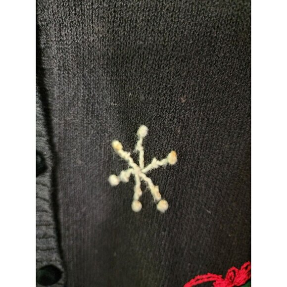 Talbots Ugly Christmas Sweater Cardigan Black Santa Applique Petite Small Ramie - Picture 8 of 8